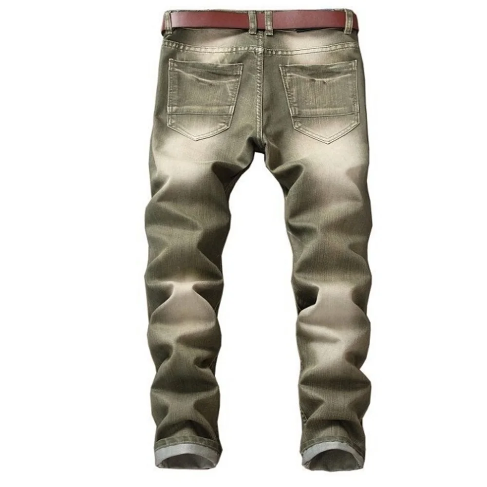 EH·MD® Pleated Hole Patch Army Green  Jeans Men's Cotton Soft Small Straight High Street Personalized Slim Pants Motorcycle New