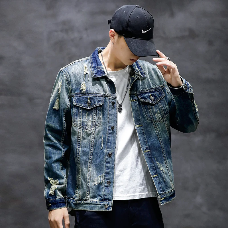 Джинсовая куртка мужская с рваными дырками винтажная хлопковая модная