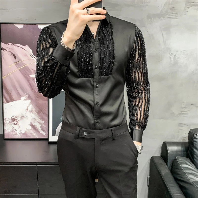 Lace Hollow Shirts for Men Long Sleeve Slim Fit Streetwear Social Party Blouse Nightclub Singer DJ Clothing Camisas Para Hombre