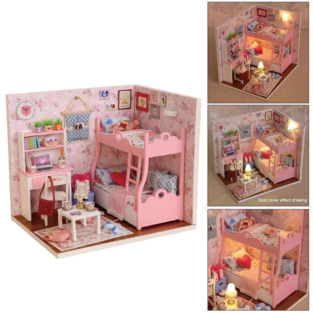 

Handcraft Dollhouse With Furniture Wooden Pink Themed Bedroom LED Light