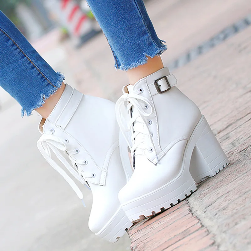 

Autumn Martin Boots Boots Women Round Toe Buckle Shoes Women High Heel Fashion Plus Size Square Heels Lacing 3 Colors