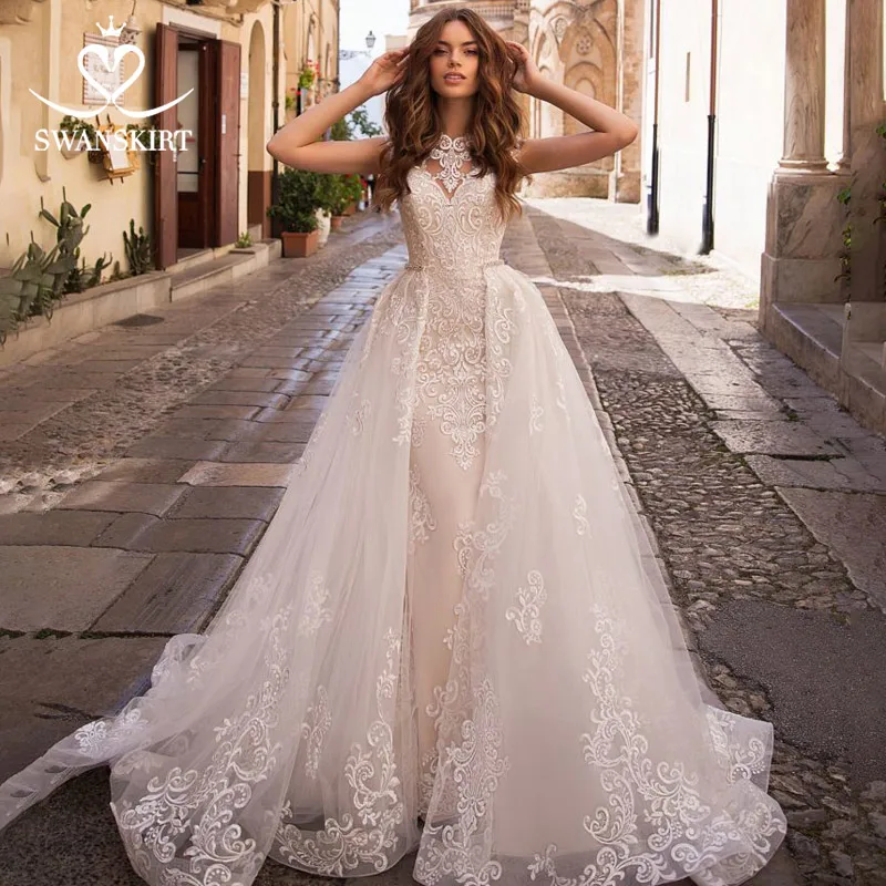 Свадебное платье со съемным шлейфом,, сексуальное, 2 в 1, Русалочка, Swanskirt, аппликация, кружево, кристалл, пояс, свадебное платье, vestido de noiva LZ07 - Цвет: Шампанское