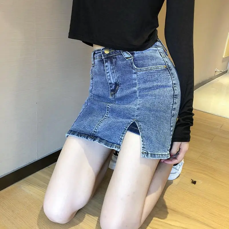 

Skirt women summer sexy show thin new split denim skirt elastic slim high waist hip skirt