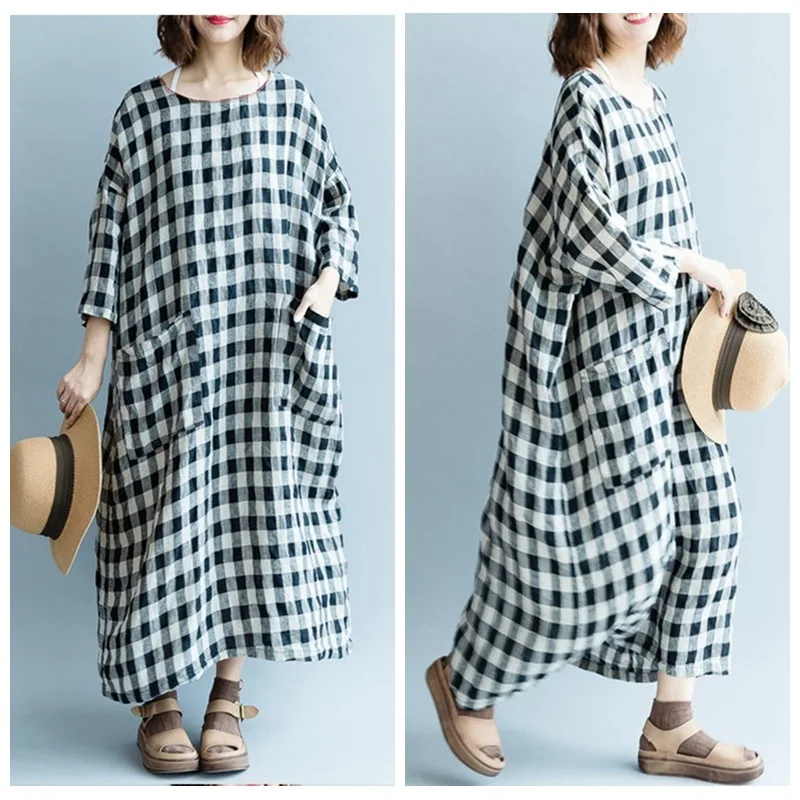 Для женщин платье с принтом в клетку Повседневное Vestidos винтажном стиле длинным