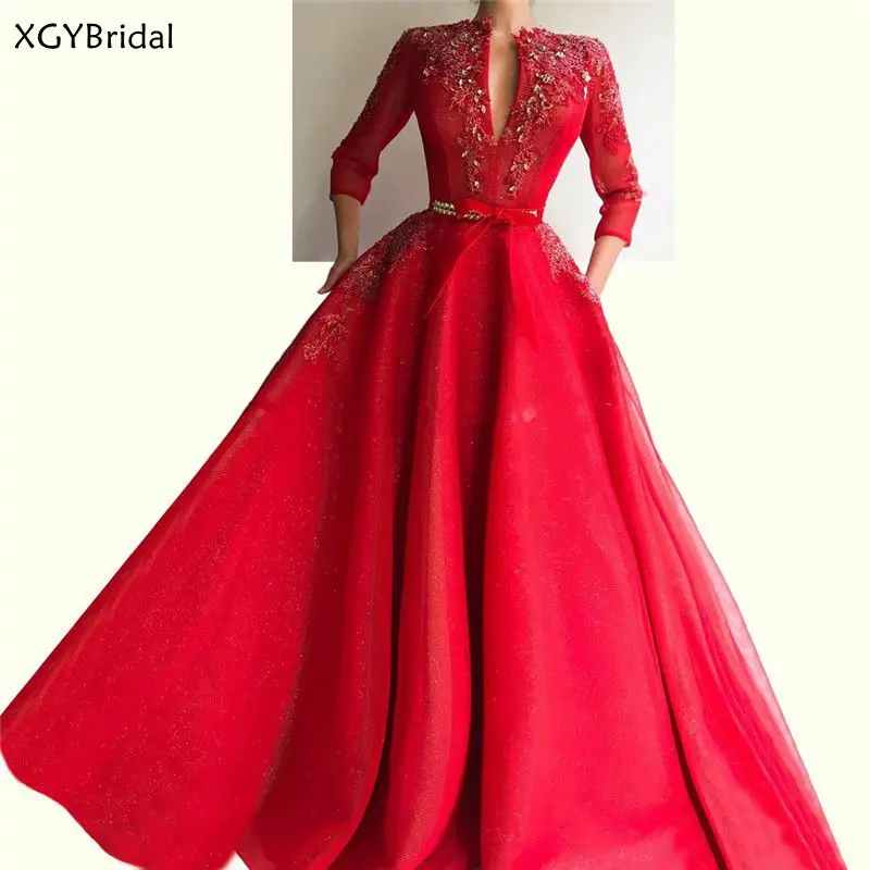 

Robe de soiree Abiye Red Long Evening Dresses Dubai Illusion Prom Dress Abendkleider Arabic Couture Formal Party dress