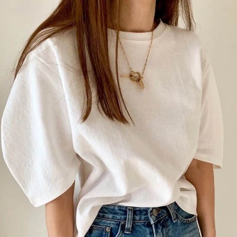 

Solid T-shirt Korean Women Summer Casual Puff Half Sleeve Shirts Round Collar Tees Student Clothes OL Loose Tops