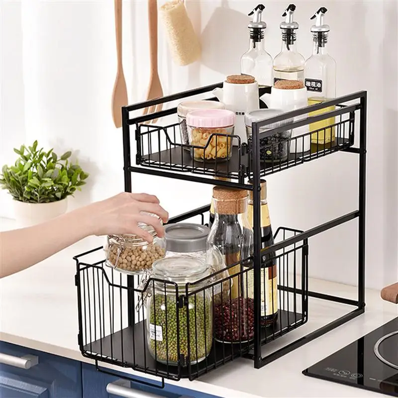 

Double Layer Kitchen Spice Organizer Rack Multi-Function Seasoning Storage Rack Countertop Storage Holder (Black)