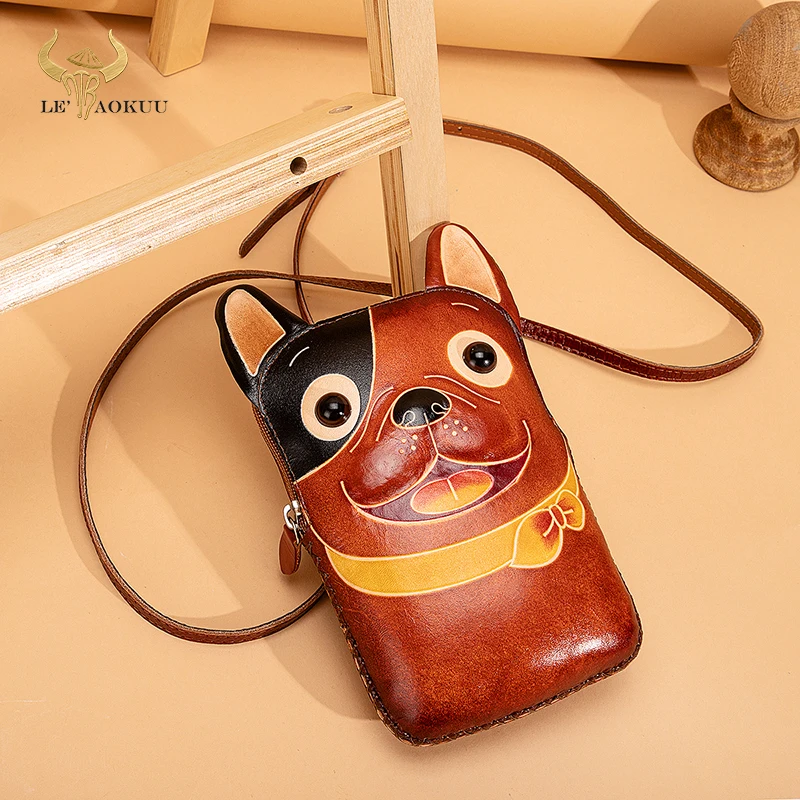 

2021 New Quality Leather Luxury Designer Women Mini Purse Handbag Ladies Over The Shoulder Satchel Bag Cute Dog 6" Phone Pouch
