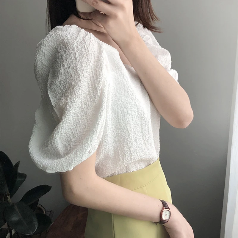 Женская винтажная блузка GOPLUS белая с квадратным вырезом и пышными рукавами в