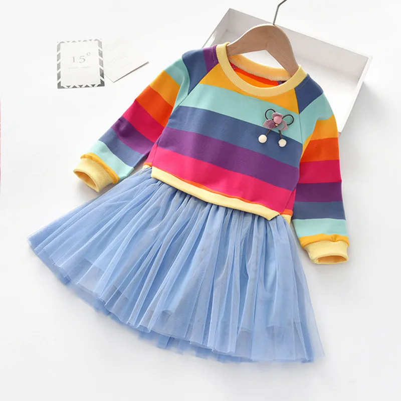 2021 Girls Spring and Autumn Dresses Children's Long Sleeve Striped Colorful Rainbow Princess Cute Party Dress for Kids | Детская