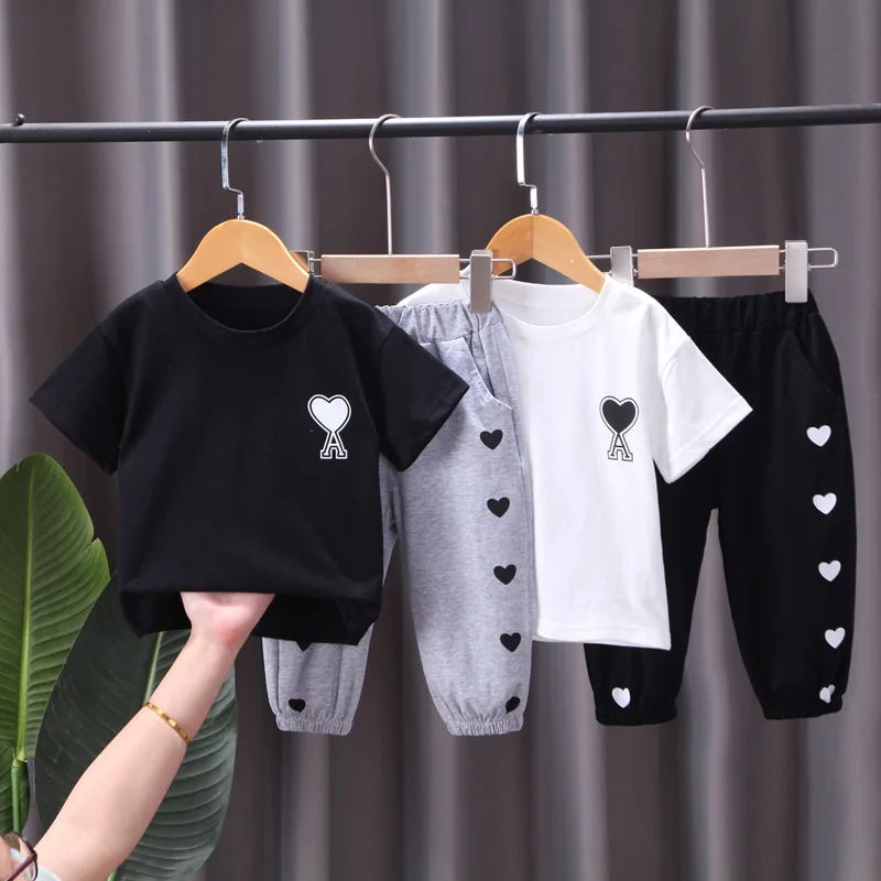 

Kids Girls Clothing Sets Summer Cute Heart-shaped Print Sport Suits Short Sleeve Shirt+Pants 2 Pieces Children Clothes