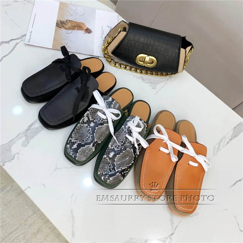 

Sexy Serpentine Real Leather Lazyman Mules Lady Flat Heel Square Toe Sewing Lace-Up Knitted Spring Autumn Women Slippers