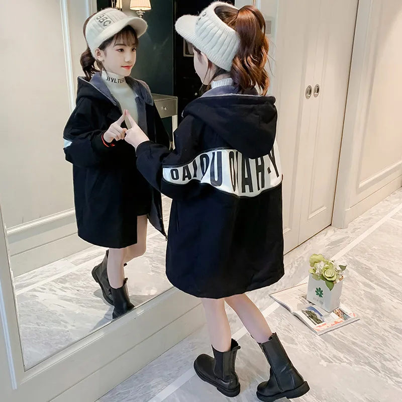 

Spring Winter Children Warm Jacket School Girls Boys Hooded Collar Kids Coat Clothes Letter Outerwear Parkas Plus Velvet Thicken