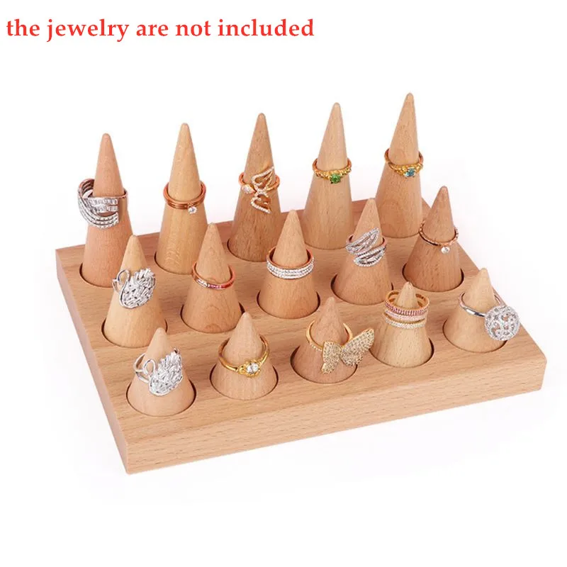 

Natural Wood Cone Shape Finger Ring Stand Jewelry Display Holder Showcase Display Stands Rings Bracelet Jewelry Tray