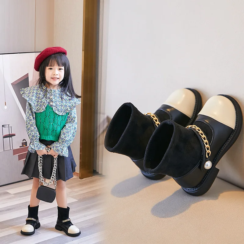 

Girls Boots with Metal Chain 2022 New Minimalist Boots for Kids Thermal Shoes Autumn Winter Fashion Children Sock Shoes 26-36