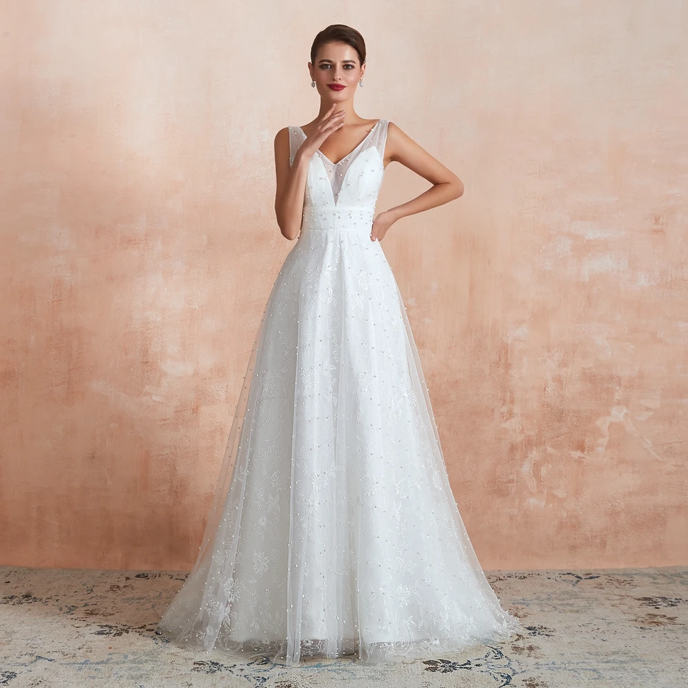 Boho Wedding Dresses Beach A Line Pearl Lace V Neck Lace Simple Bride Gown Sleeveless Walk Beside You abiti sposa