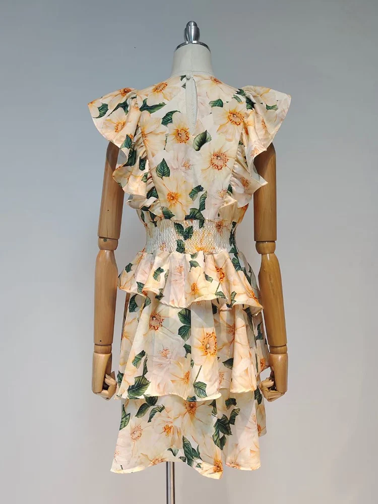 

Sexy Deep V-neck Retro Geometric Print Ruffle High Waist Dress Ladies Summer New Multi-layered Loose Large Puff Puff Skirt