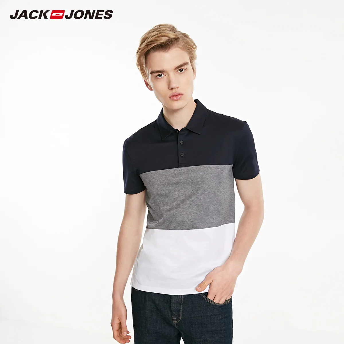 Мужская приталенная рубашка-поло JackJones из 100% хлопка с отложным воротником и