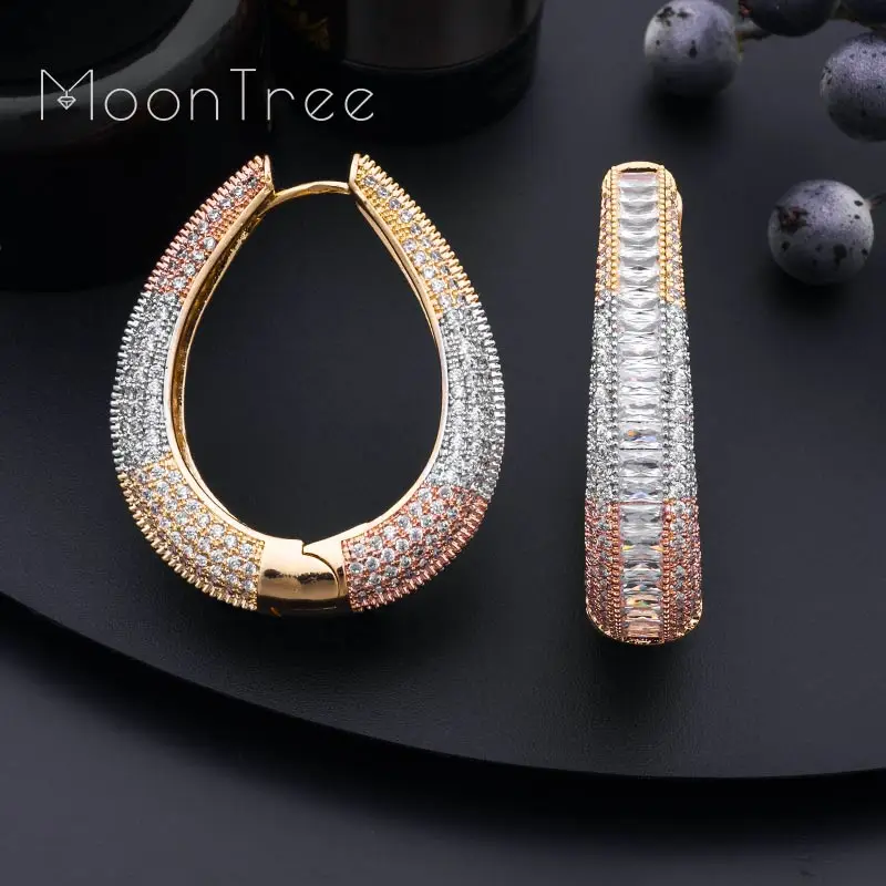 Большие серьги MoonTree широкие круглые полные микро кубические 3 тона медные с