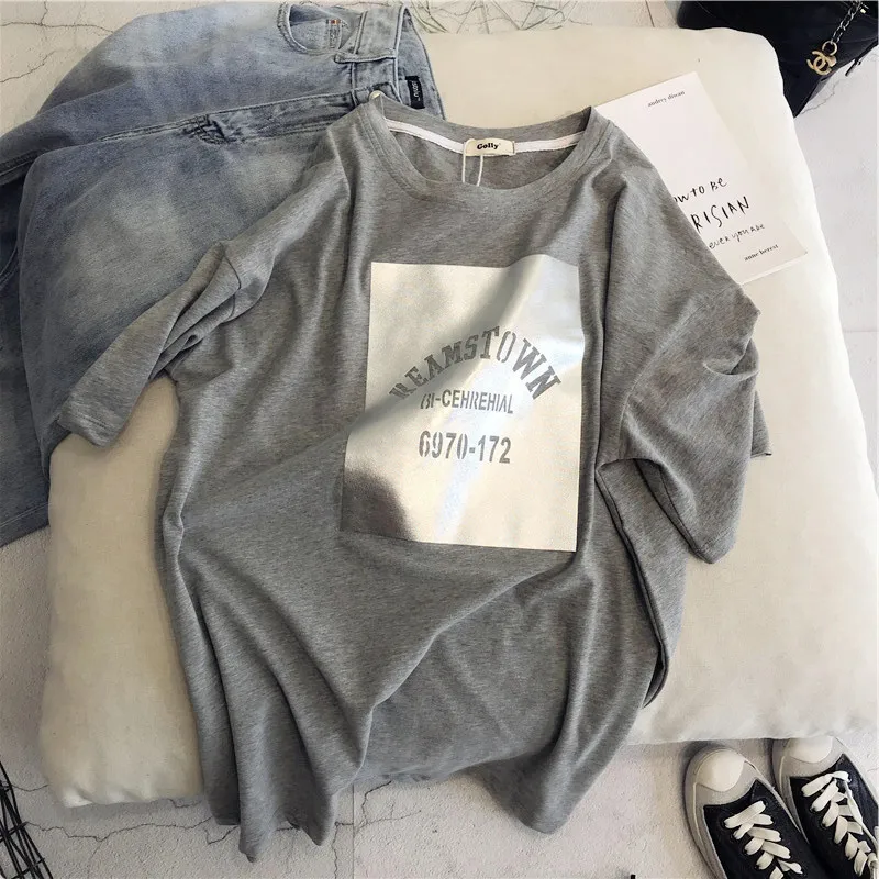 

Silver Color Square 2020 Summer New Women's Korean Style Printed Letter Loose Short Sleeved T-shirt Top Black White Gray