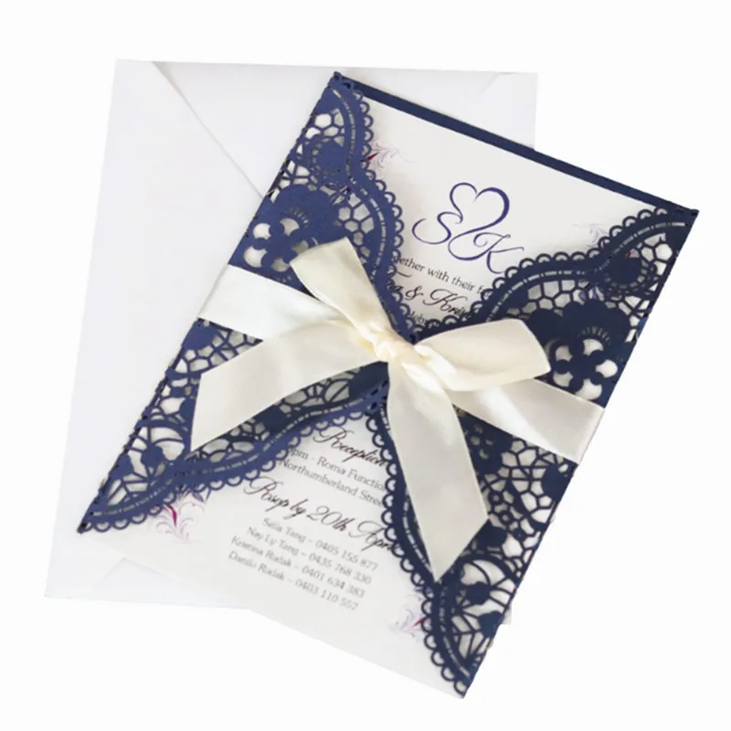 Кружевные свадебные приглашения цветок Лазерная подарочная карта темно синий