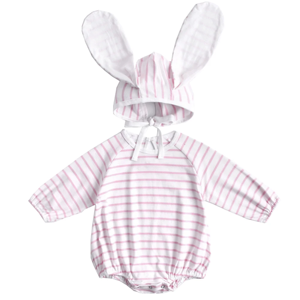 Infants 2019 Autumn Long Sleeve Sweet 100% Cotton Black White Pink Striped Bodysuit Baby+Rabbit Ear Hat Baby Girl | Мать и ребенок