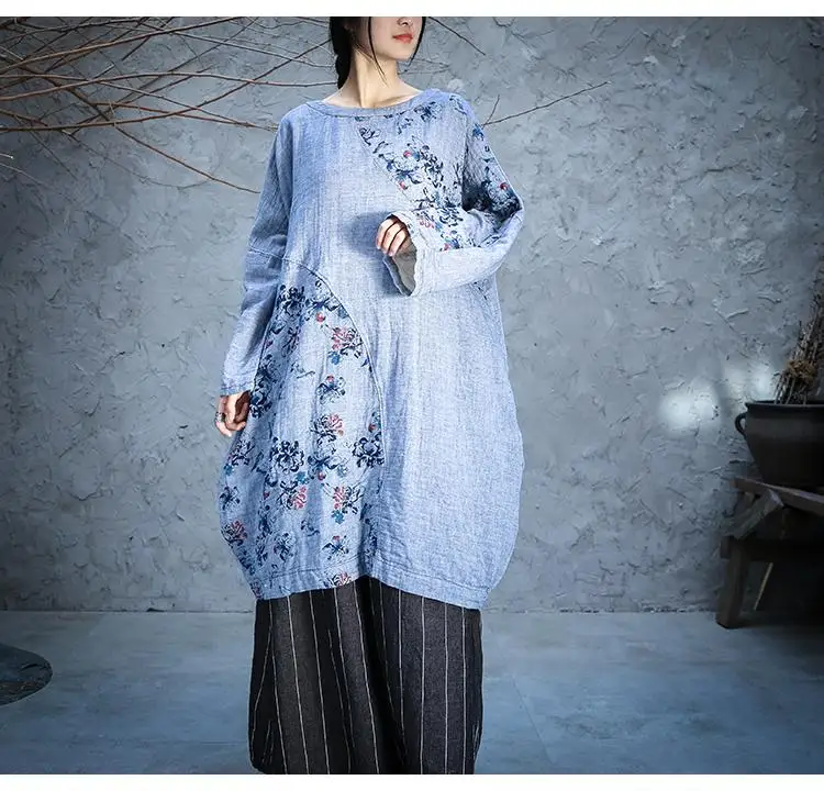 Johnature Autumn Retro Fashion Patchwork Floral Print O-neck Plus Size Dresses New Cotton Linen Long Sleeve Women Dress - Цвет: Light blue
