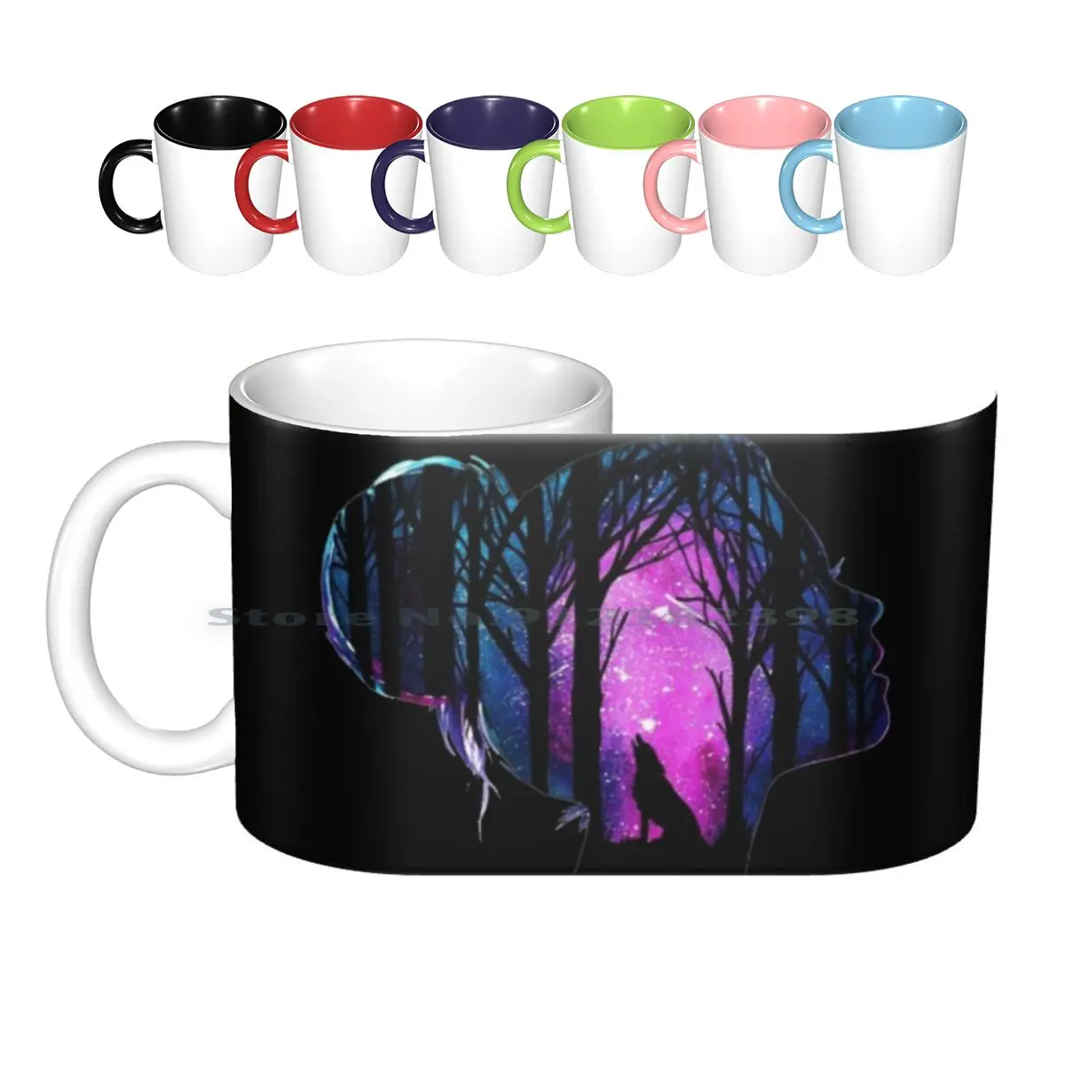 

Wolf Girl's Face Ceramic Mugs Coffee Cups Milk Tea Mug Midnight Night Animal Forest Howl Wolves Stars Trees Wild Dark Darkness