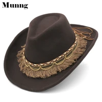 munng new western cowboy hat costume cowgirl cap wool blend wide brim fringe tasseled hatband outdoor casual