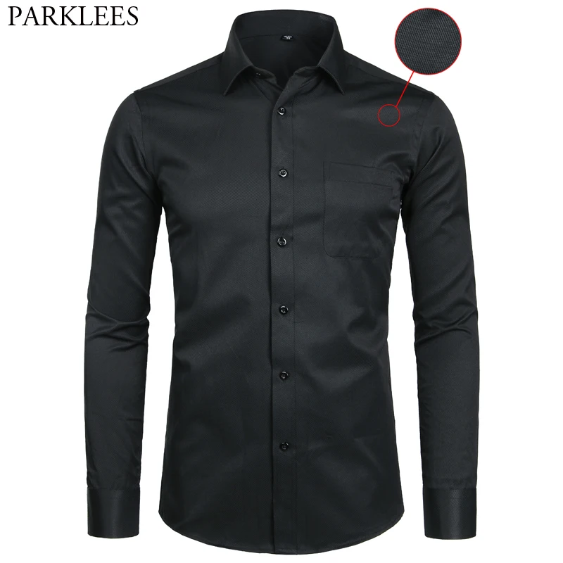 

Men's Black Long Sleeve Dress Shirt Striped Twill Slim Fit Causal Business Formal Chemise Office Working Shirt with Pocket 8XL