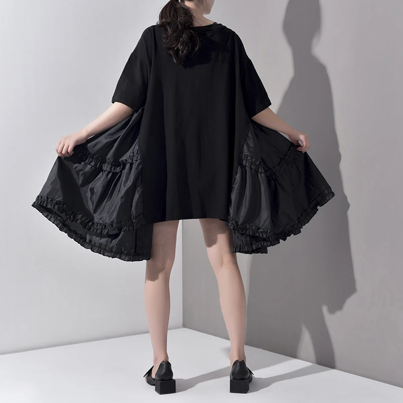 

2021 New Spring Summer Round Neck Half Sleeve Pleated Split Joint Loose Oversize Big Size Dress Women Fashion Tide Js7910