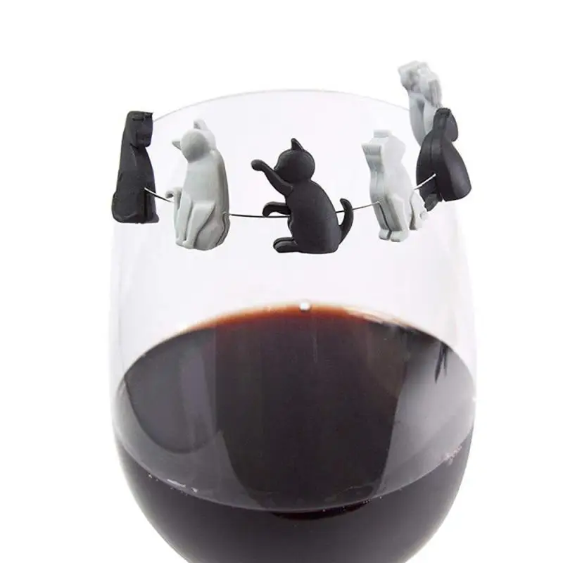 

6pcs/set Kitten Wine Cup Recognizer Tea Bag Hanging Meow Wine Glass Markers Cup Mark Sign Personality Silicone Label Recognizer