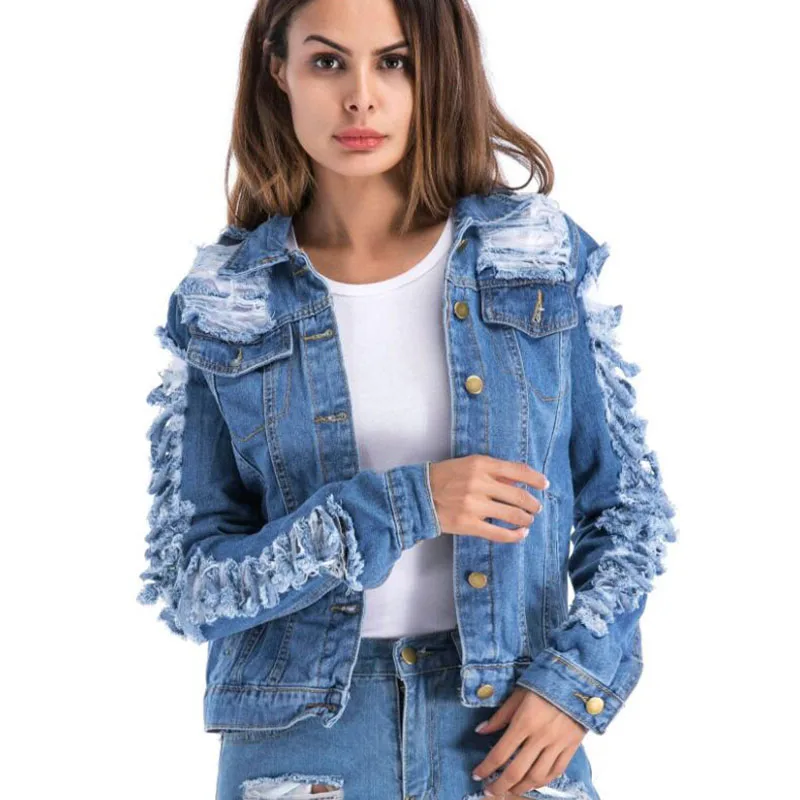 Женская джинсовая куртка большого размера 5XL с отрывными дырками весна осень 2020
