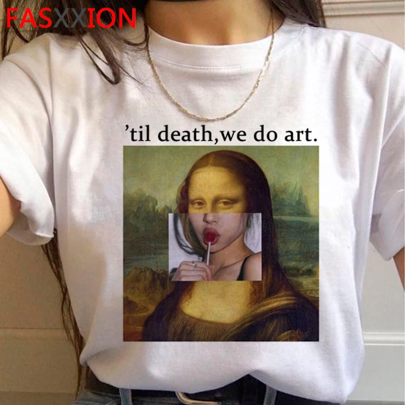 Mona Lisa Эстетическая забавная мультяшная футболка для женщин гранж Винтаж 90s