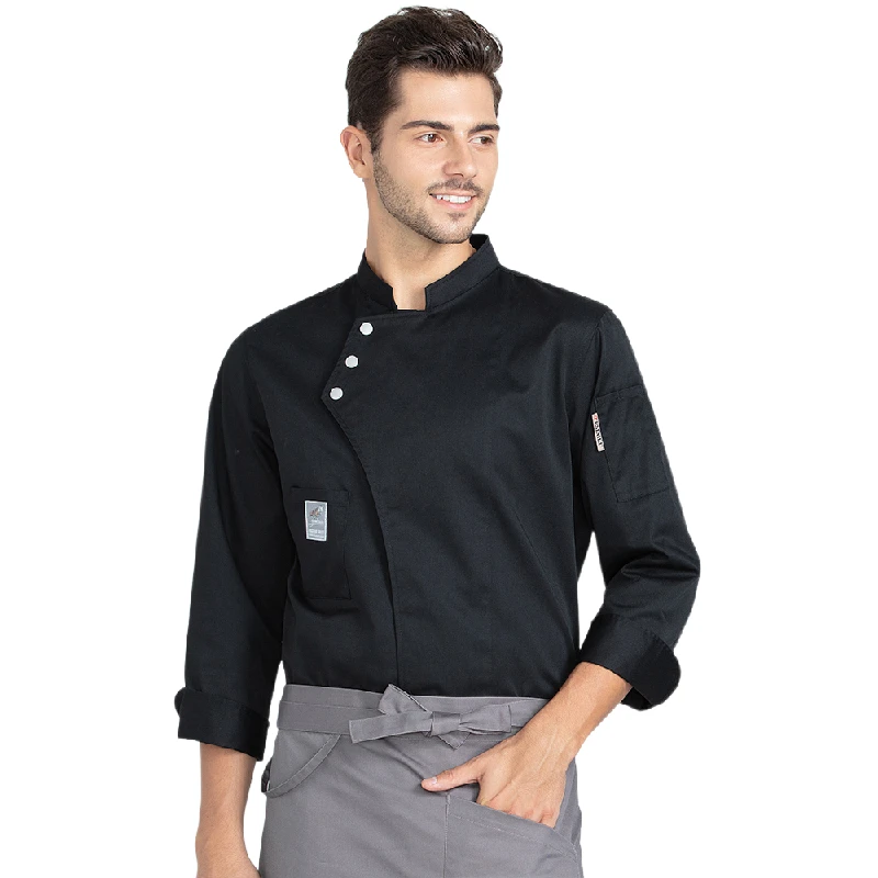 

Black chef uniform long sleeves restaurant uniform women and men kitchen Catering white cook coat with dark buttons chef clothes
