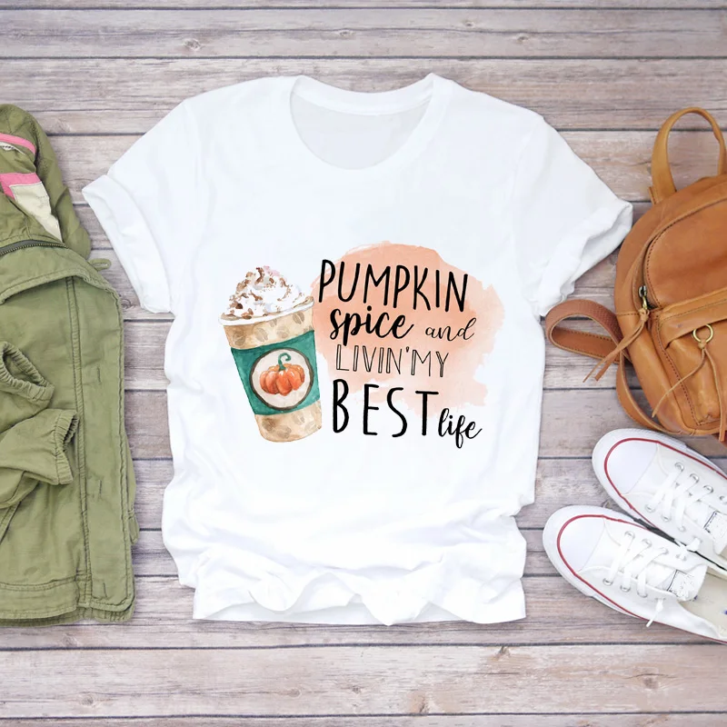 Женская Осенняя футболка с коротким рукавом 90s рисунком кофе на Хэллоуин принтом