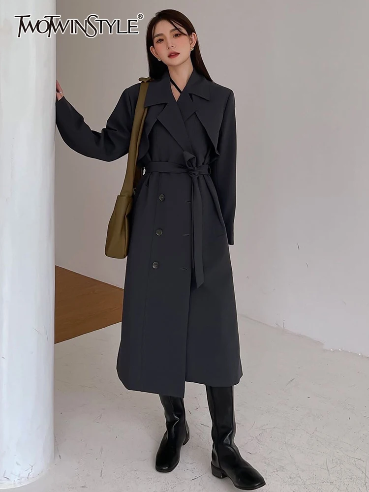 

TWOTWINSTYLE Casual Trench For Women Lapel Loose Long Sleeve Double Breasted Sashes Lace Up Coats Female 2021 Autumn Clothea New