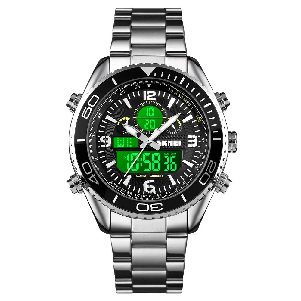 

SKMEI Модные мужские Двойные цифровые часы со светодиодной подсветкой водонепроницаемые наручные часы из нержавеющей стали для мужчин reloj ...
