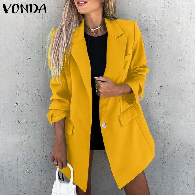 

Women Fashion Long Sleeve Casual Coats Veste 3 Colors VONDA 2022 Autumn Ladies Lapel Collar Button Up Suit Blazers Outerwears