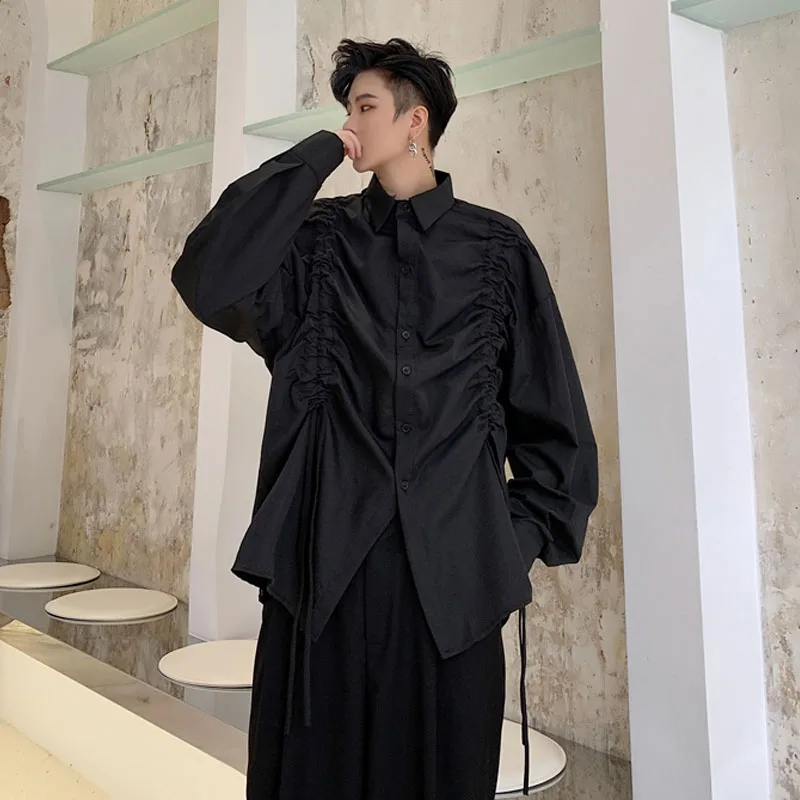 Рубашка мужская плиссированная с длинным рукавом свободная повседневная