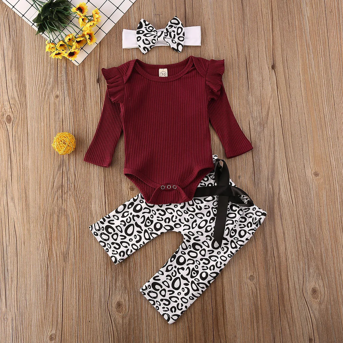 

Newborn Baby Girl Boy 0-18M Solid Romper Jumpsuit Leopard Pants 3PCS Outfit Clothes CA