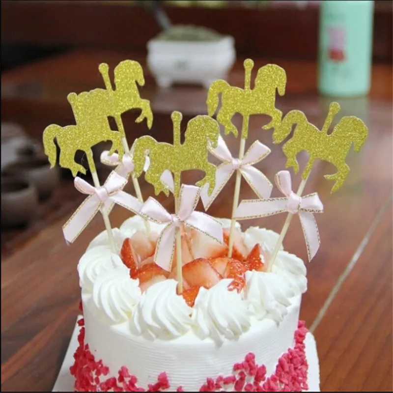 5 шт./упак. лошадь кекс Топпер с галстуком бабочкой блестящая золотая карусель