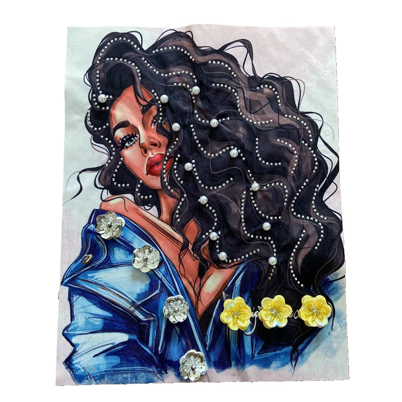 

2022 New 3D Printed African Women Heat Transfer Printing Patches for Clothes Jacket Handmade Flower Beaded Black Lady Appliques