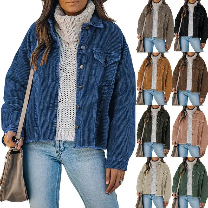 

Jackets For Women 2021 Denim Corduroy Button Loose Jacket Turn-dowm Lapel Vintage Jackets Coats Chaqueta Mujer -40