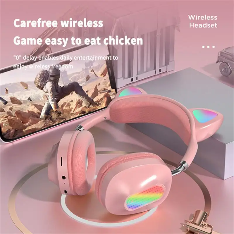 

Head-mounted Stereo Heavy Bass Bluetooth-compatible 5.0 Gaming Headset Cat Ear LED Luminous Wireless Foldable Headset Hot Sale