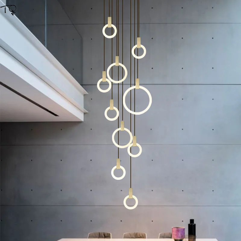 安い 北欧の高級ファッションゴールドリングペンダントライトスパイラル階段二重階段リビングルーム、モダンなシンプルなキッチン照明器具