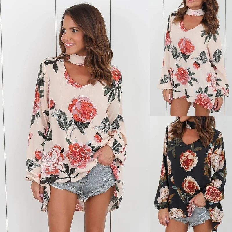

Shirt Autumn Ladies Cute Clothing Top Women Graphic Floral Printing Tops Long Sleeve Halter V Neckcute Blouse