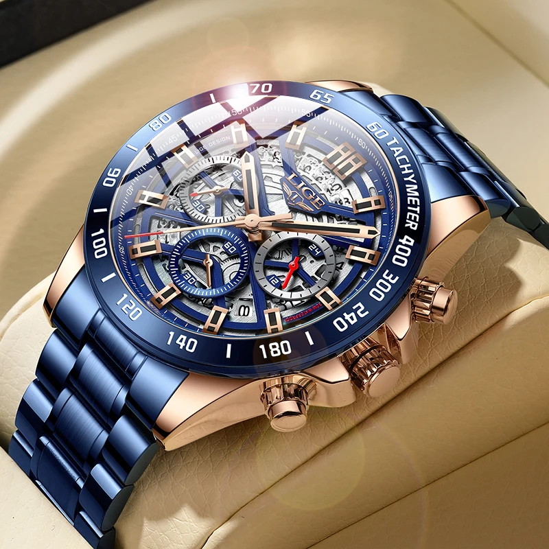 Мужские водонепроницаемые кварцевые часы с хронографом из нержавеющей