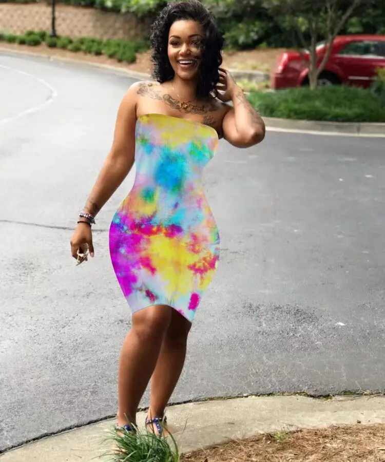 2020 Women Summer Mini Dress Sexy Strapless Sleeveless tie-dye Print Party Night Club Casual Elegant Dresses Vestido GL1107 | Женская