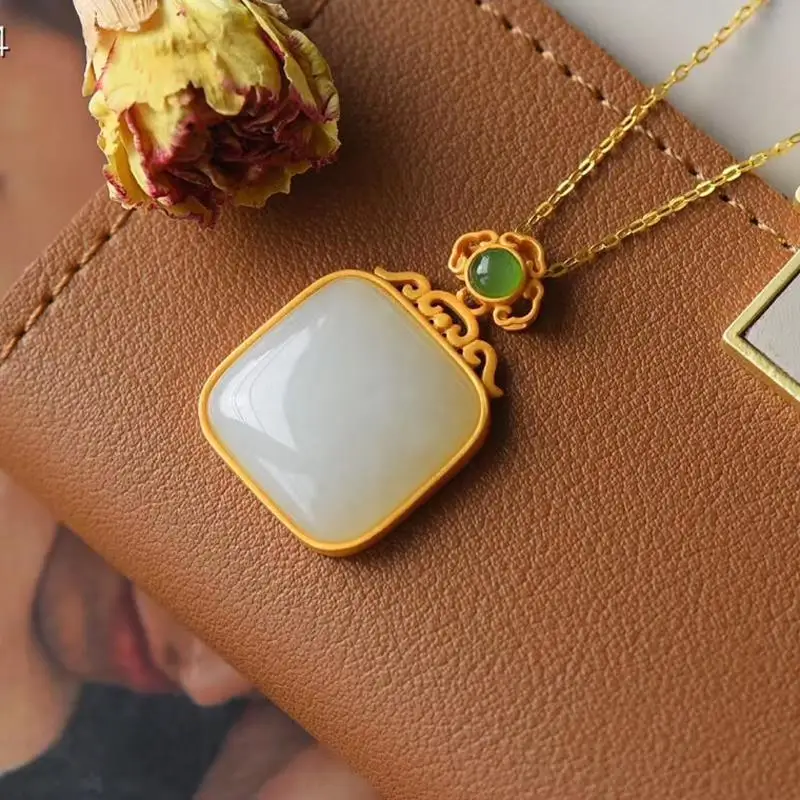 

Natural Hetian Jade White Jade Lucky Pendant Pendant S925 Sterling Silver Inlaid Ancient Rich Gilding Craft Silver Necklace